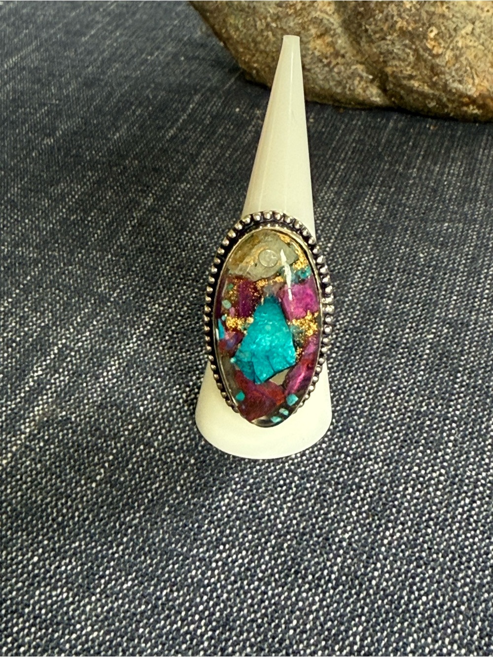 Hand Crafted Turquoise and Fuchsia (Purple Dahlia) Statement Ring on .925 SZ 8